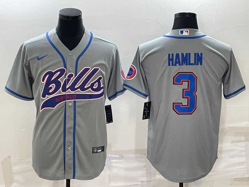 Mens Buffalo Bills #3 Damar Hamlin Grey With Patch Cool Base Stitched Baseball Jersey